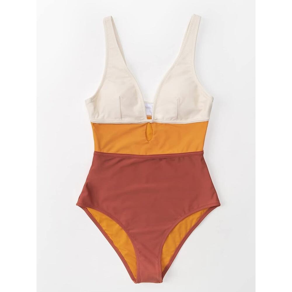 CUPSHE Women's One Piece Swimsuit Color Block Keyhole Cutout Bathing Suit Small - Picture 3 of 6